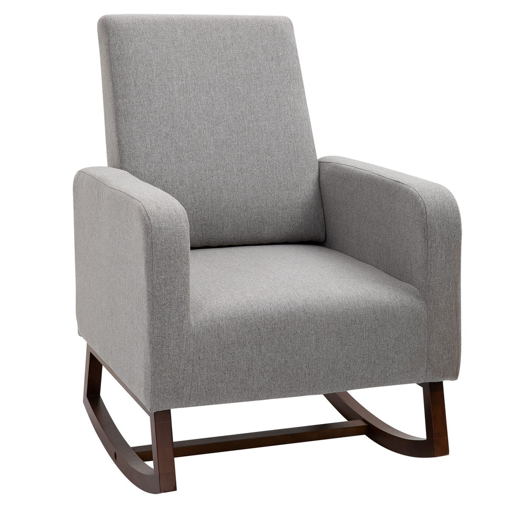 Accent Lounge Rocking Chair, Linen Rocking Lounge Chair with Solid Wood Base, Gray