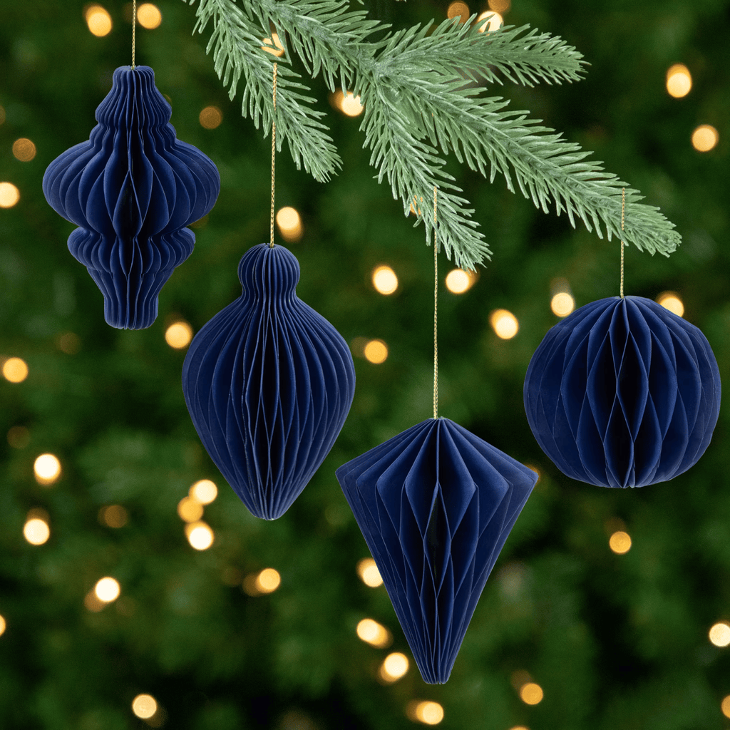Accordion Honeycomb Foldable Paper Christmas Ornaments - 4" - Navy Blue - Setof4