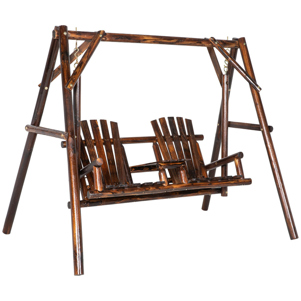 Adirondack Swing Chair Outdoor 2-Seat Freestanding Solid Wood with Center Table Carbonized
