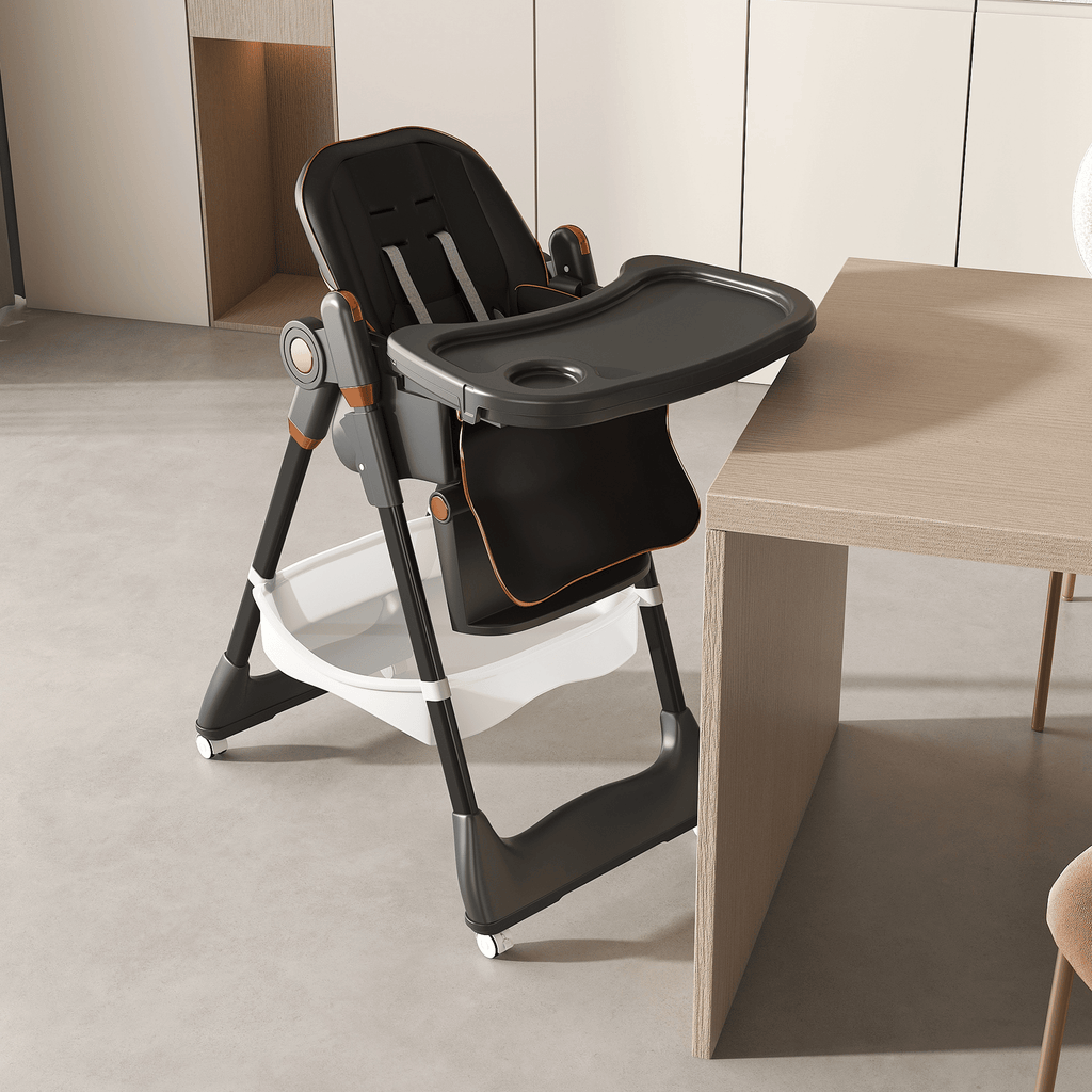 Adjustable Baby High Chair 0-6 Years Portable Infant Feeding Seat with Safety Belt, Silent Lockable Wheels & Easy-Clean Design for Home, Dining, Living Room, Bedroom (Black)