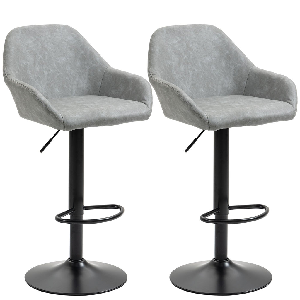 Adjustable Bar Stools Set of 2, Swivel Barstools with Footrest and Back, PU Leather, for Kitchen Counter and Dining Room, Gray