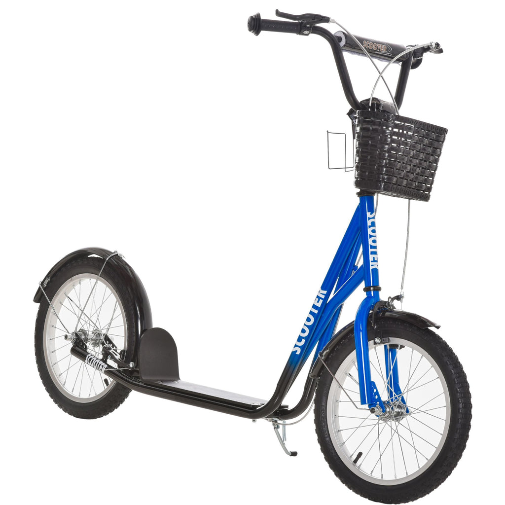 Adjustable Blue Kick Scooter, Double Brakes, 16" Tires, Basket, Cupholder