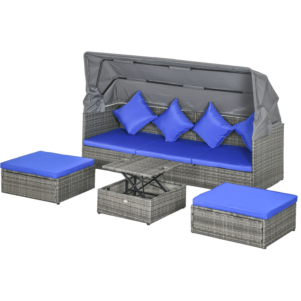 Adjustable Canopy Rattan Sofa Set 4PC w Height Adjustable Table Cushions Dark Blue