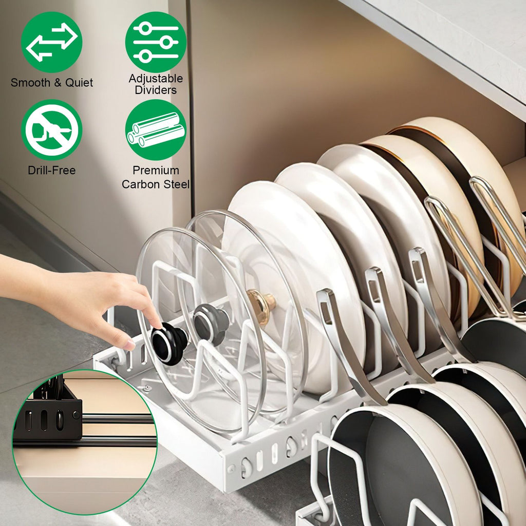 Adjustable Carbon Steel Sliding Cookware Storage Rack, Anti-Rust Pull Out Pan Lid Holder for Cutting Boards Baking Sheets Bakeware-white