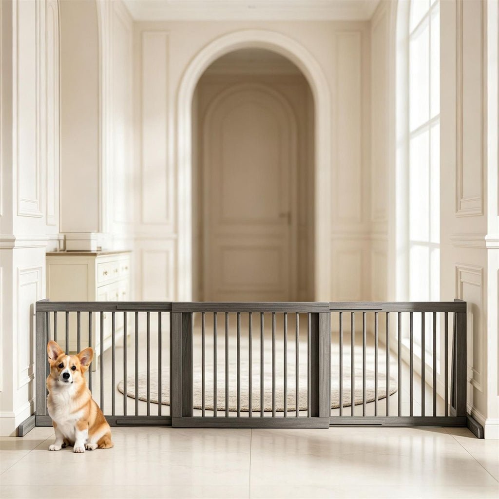 Adjustable Expandable Wooden Pet Gate 22 Inch Tall Freestanding Safety Fence, Gray Pine Wood Slide Dog Gate Easy Assembly for Home & Office Entryways