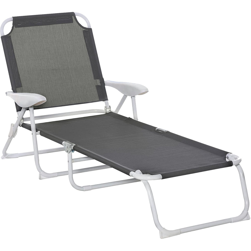 Adjustable Folding Chaise Lounge Chair 4-Position Armrests Dark Gray for Patio Beach Deck