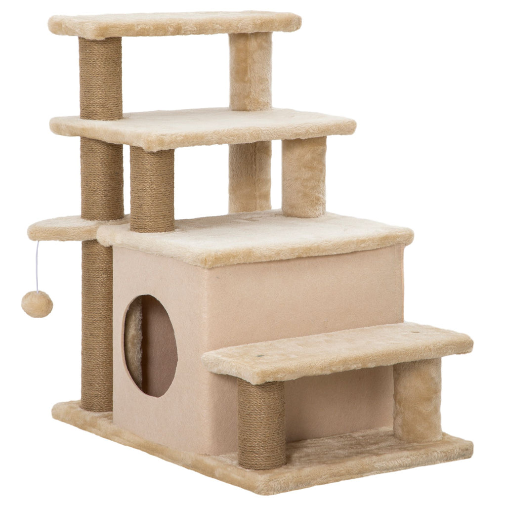 Adjustable Height 3 Step/4 Step Cat Stairs w/ Jute Cat Scratching Post, Cat Condo, Toy Ball, for Bed, Sofa, Couch, Beige