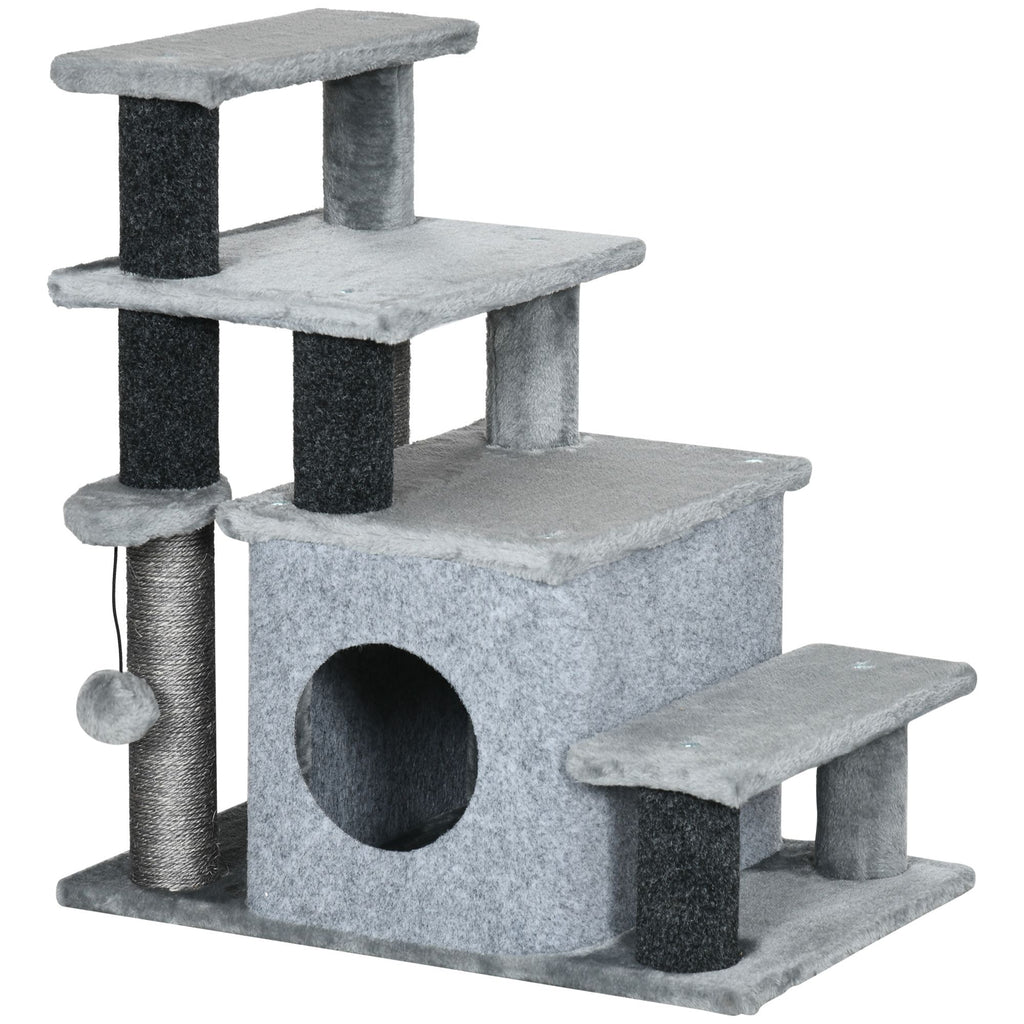 Adjustable Height 3 Step/4 Step Cat Stairs w/ Sisal Cat Scratching Post, Cat Condo, Toy Ball, for Bed, Sofa, Couch, Gray