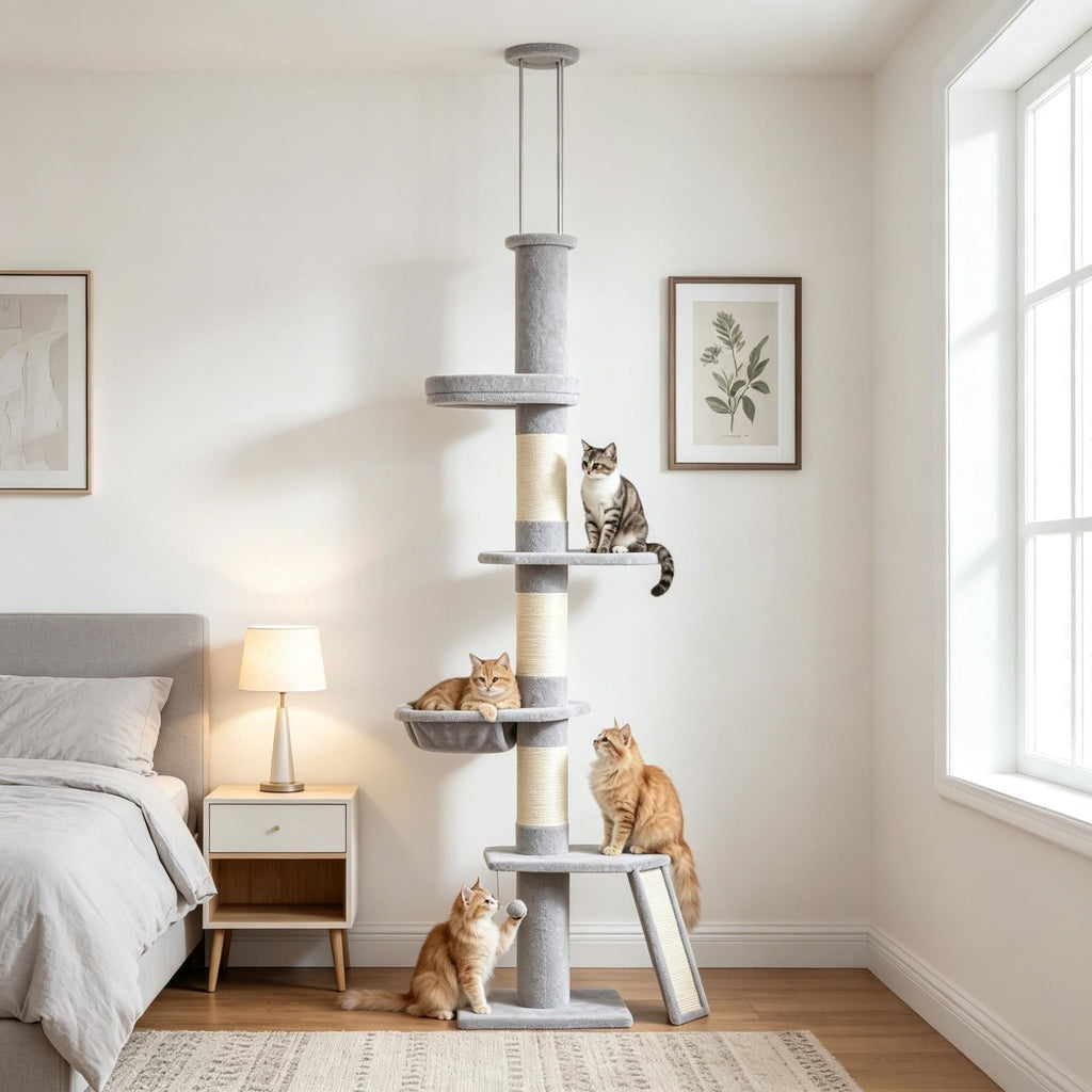 Adjustable Height Cat Tree 90.6-102.4 Inch Floor to Ceiling 5-Level Cat Tower with 3-Rod Support Light Gray
