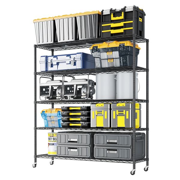 Adjustable layer spacing, wheeled display stand, iron, 117*45*185cm, powder-coated black