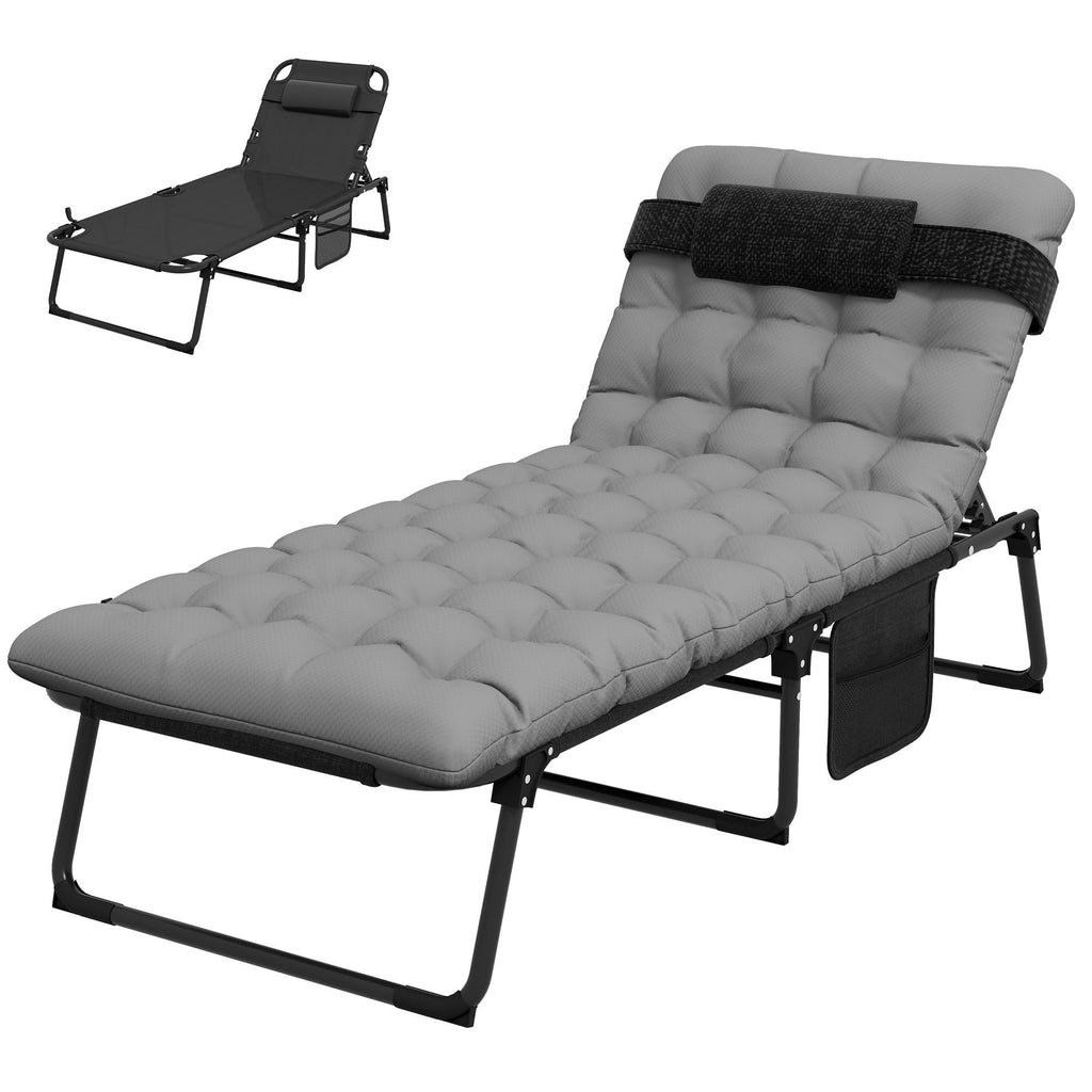 Adjustable Lounger Delight: Foldable Gray Chaise with Magazine Pouch