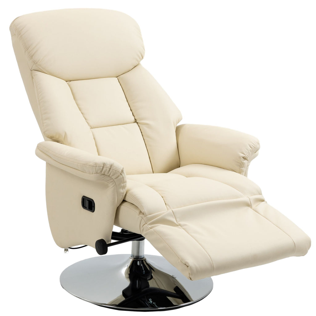 Adjustable PU Leather Recliner Chair with Footrest, Padded Arms, Steel Base, Cream White