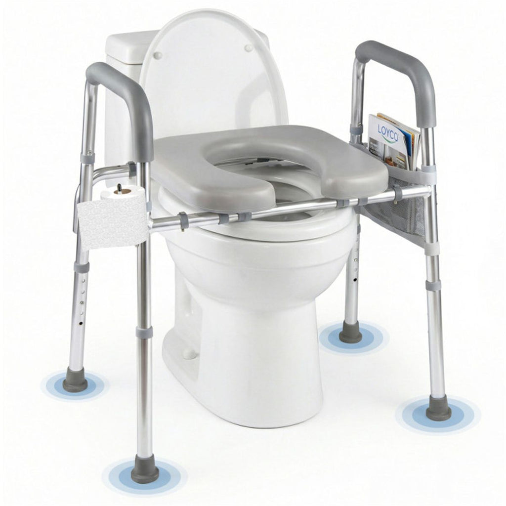 Adjustable Raised Toilet Seat (25.5"-28" Width x 27"-31" Height), 300LBS Capacity with Armrests & Storage Pouch