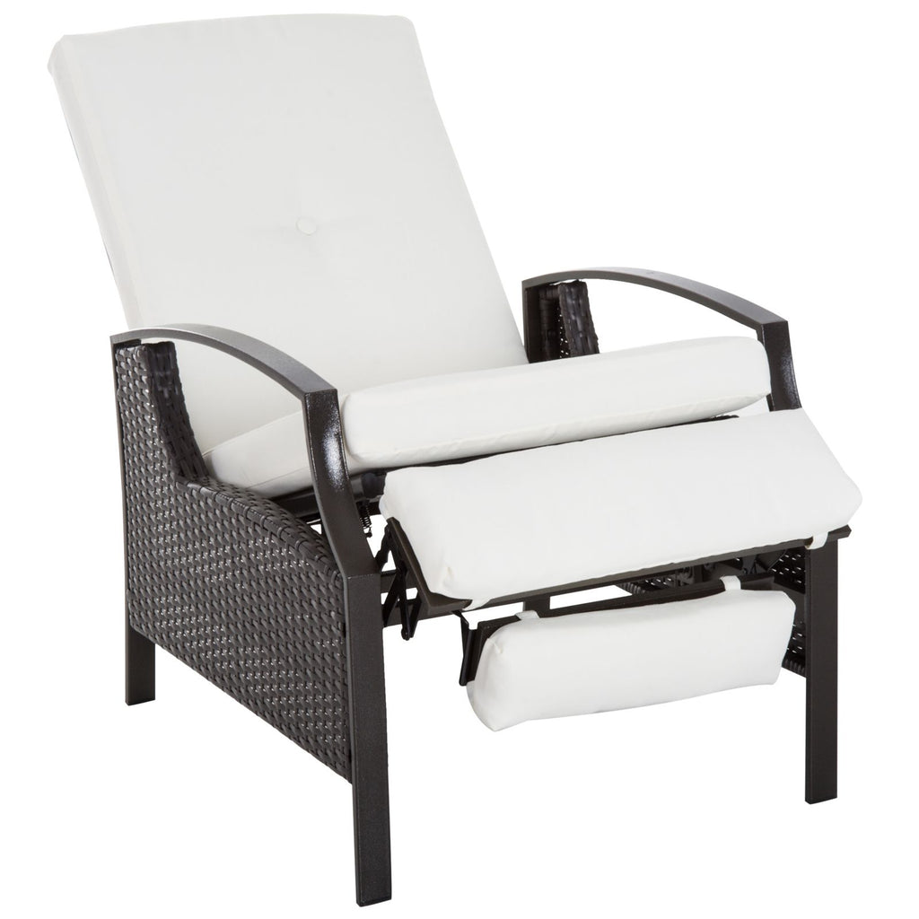 Adjustable Recliner Chair Rattan Wicker Hand-Woven All-Weather for Patio Garden Poolside White