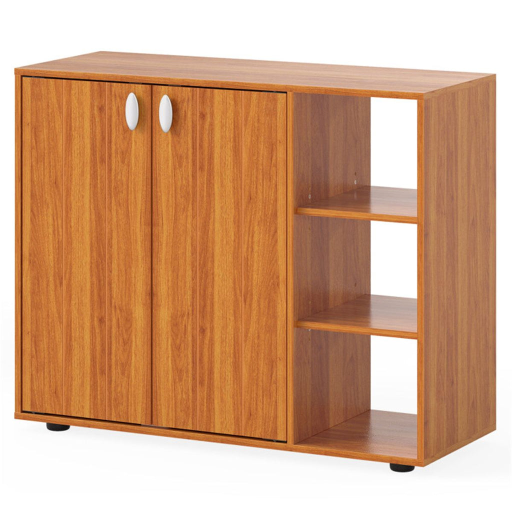 Adjustable Shelf Shoe Cabinet, 2-Door Enclosed + 3-Tier Open Storage Organizer for Entryway-Natural