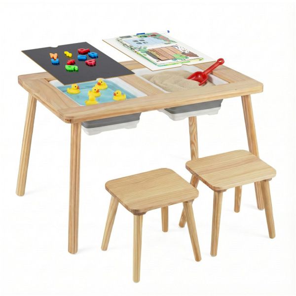 All-in-One Kids Activity Table and Chairs Set, Pine Wood Sensory Table with Foldable Storage Bins, Chalkboard & Whiteboard for Ages 3+