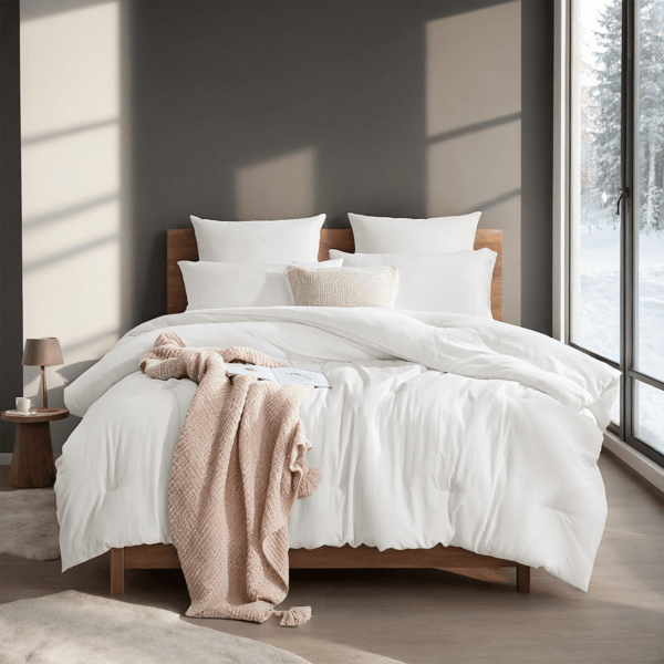 All-Season Oversized White Plump Duvet - Winter snow day bedding for bedrooms and hotels. Features warm fluffy filling with Nordic Bohemian style, perfect as a Christmas gift.