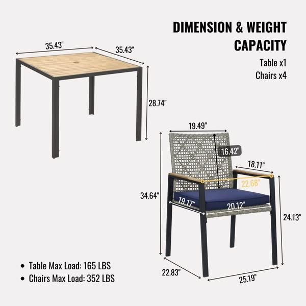 All Weather 5-Piece Patio Dining Table Sets, Patio Conversation Set Acacia Wood Table Top with Umbrella Hole, Rattan Outdoor, Light Gray Color