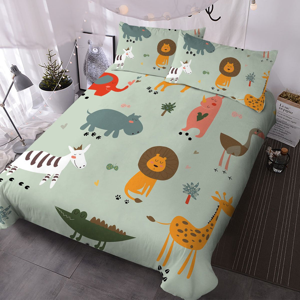 Animal Duvet Cover Set Full Size, 3 Pieces Soft Microfiber Green Duvet Cover for Kids Boys Girls Teens Cartoon Cute Bedding Set Lions Giraffes Hippos Crocodiles Pattern Animal Bedding Set