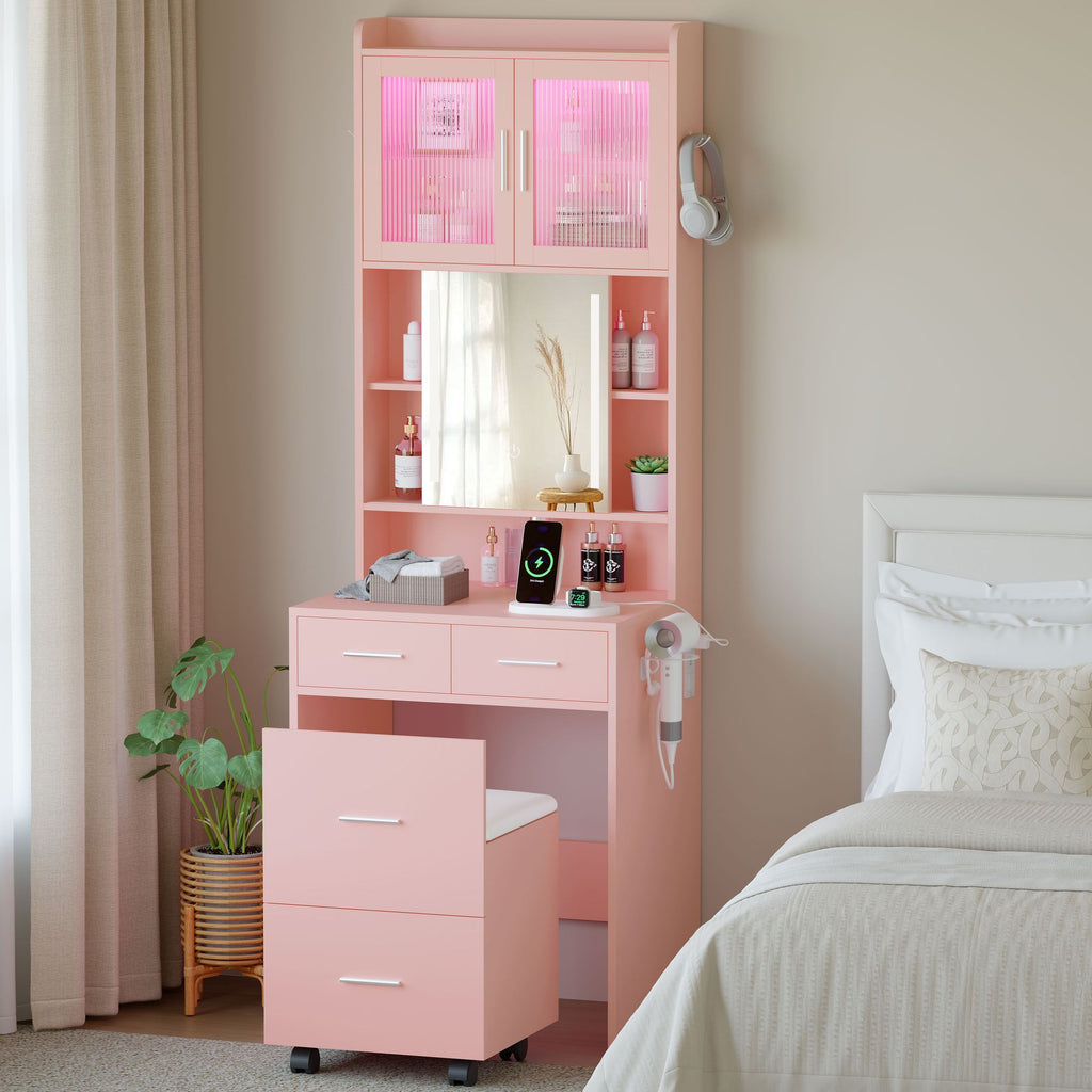 Apple pink particleboard with a linseed-lined melamine finish, 3 drawers and 2 doors, 1 LED 3-tone sliding mirror, dressing table set with RGB light strip, 1 pair of clevis hooks, power strip, hair dr