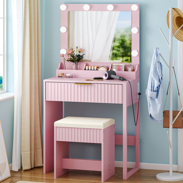 Apple powder particleboard with a 3-compartment, 1-drawer, 3-compartment dressing table set with 8 three-tone light bulbs, power strip, and grille series