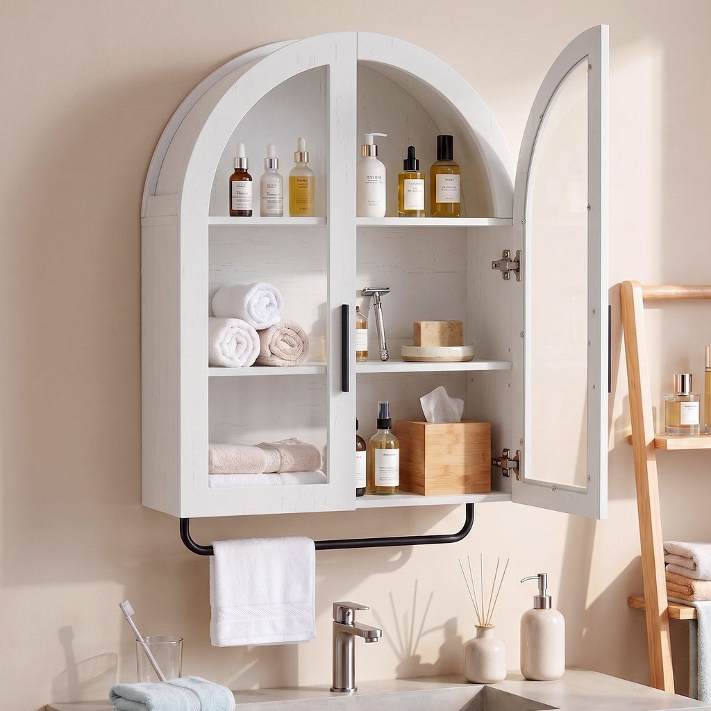 Arched Ceiling 2 Glass Doors 3 Shelves Bathroom Vanity MDF Melamine-Faced Bathroom Vanity with Towel Bar 23.62*9.45*31.5in Grey