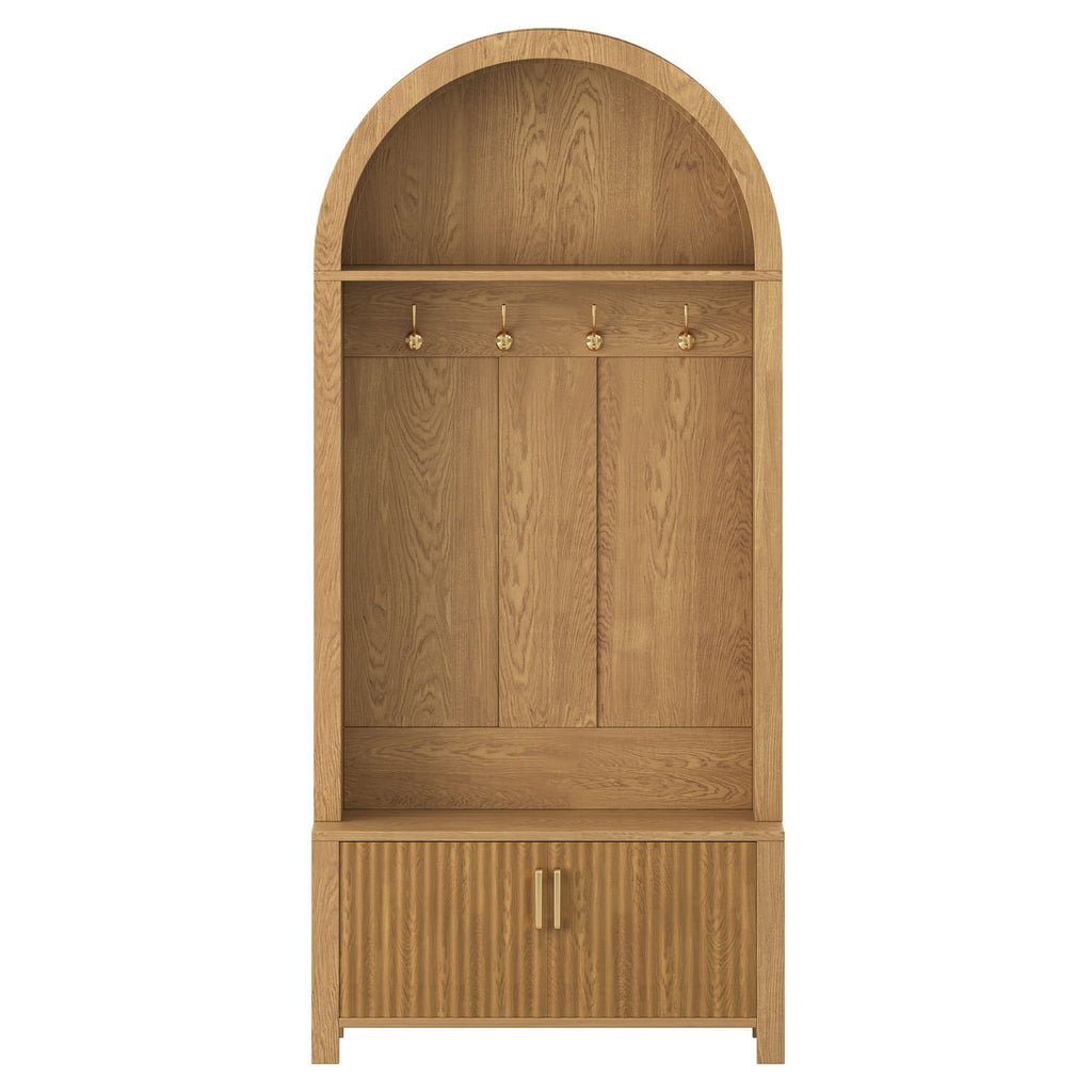Arched Top Hall Tree with Bench and Shoe Storage,mudroom bench with storage,70.3"Arch Coat Rack with 4 Metal Hooks and 2 Fluted Doors,Farmhouse Style Furniture Organizer for Mudroom, Entryway, Hallway
