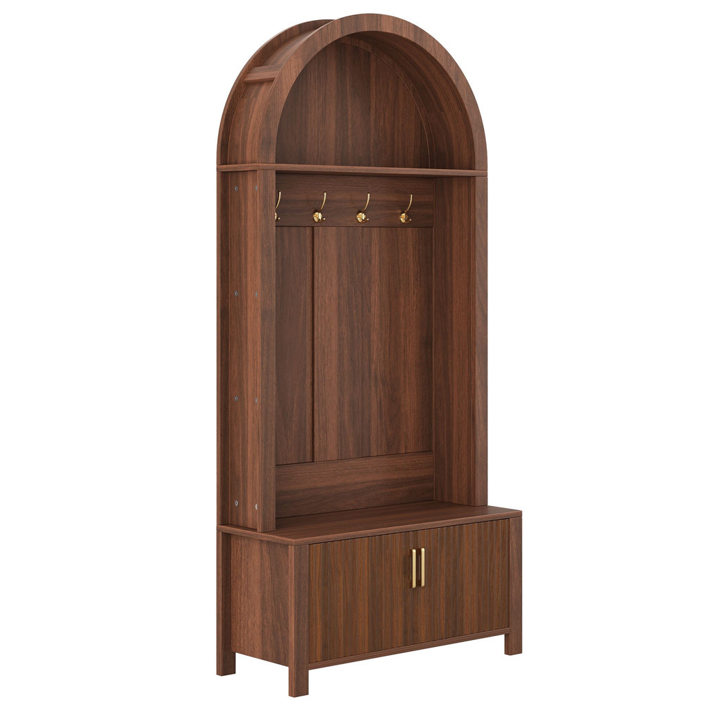 Arched Top Hall Tree with Bench and Shoe Storage,mudroom bench with storage,70.3"Arch Coat Rack with 4 Metal Hooks and 2 Fluted Doors,Farmhouse Style Furniture Organizer for Mudroom, Entryway, Hallway