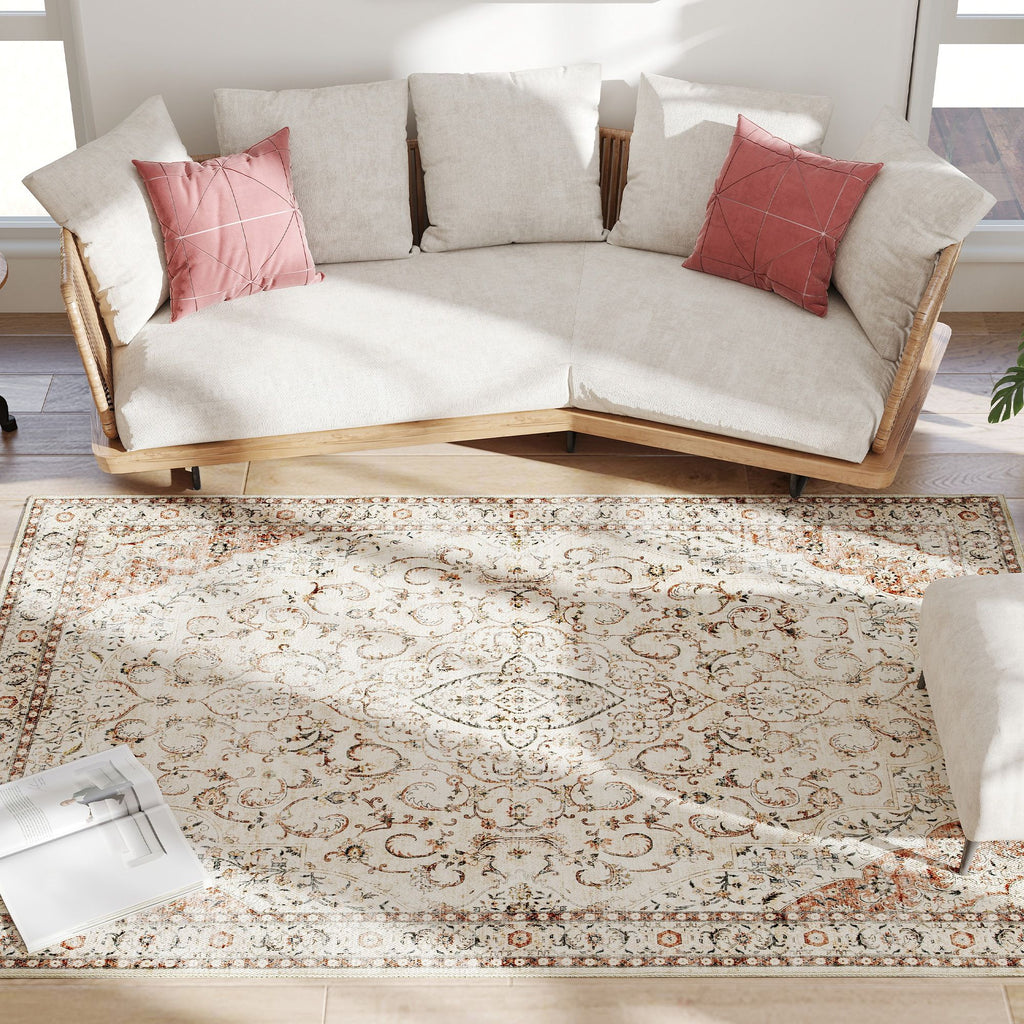 Area Rug 5x7, Machine Washable Rug, Non-Slip Classical Floral Print Floor Carpet for Living Room, Bedroom, Mixed-Brown