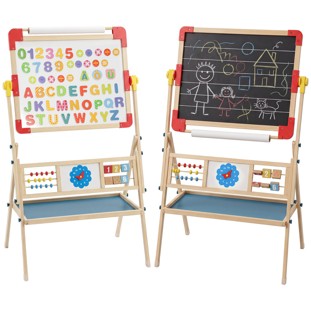 Art Easel for Kids, 360° Rotating Double Sided Kids Easel with Magnetic Whiteboard, Chalkboard, Storage Box, Natural
