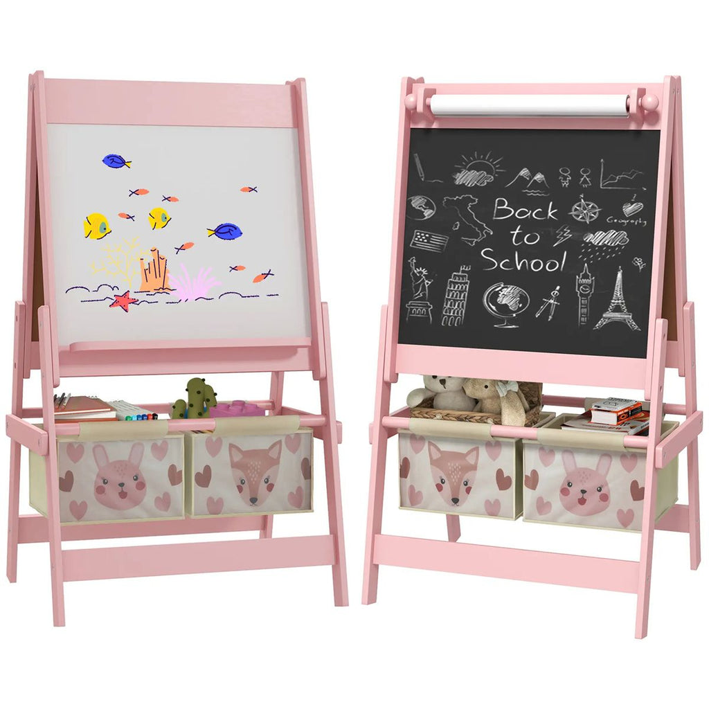 Art Easel with Paper Roll, Blackboard, Whiteboard, Storage, Pink