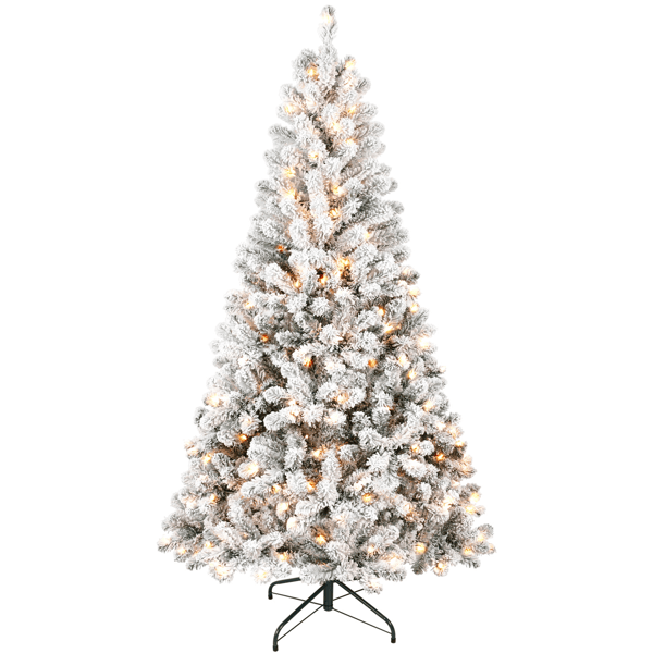 Artificial 5ft Flocked Christmas Tree with 407 PVC Branch Tips, 150L Warm white led, Round head, Foldable Base for Indoor Holiday Decorating
