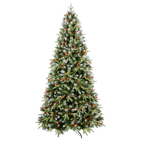 Artificial 5ft Green LED-lit Christmas Tree with 1113PE/PVC Mixed Branch Tips,Red fruit and Pine cone,Hinged Premium & Foldable Base for Indoor Holiday Decorating