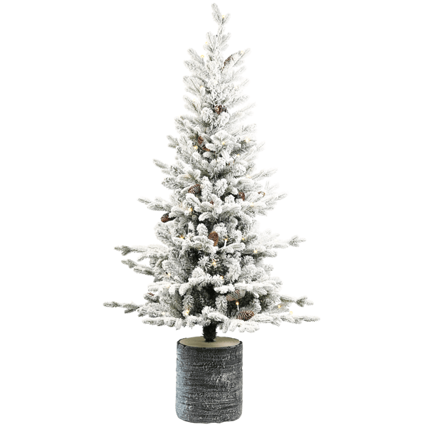 Artificial 6.5ft decorated flocking basin tree with 1386 PE/PVC Mixed Branch Tips, Pine cone *31, 350L wram white light, Holiday Decorating
