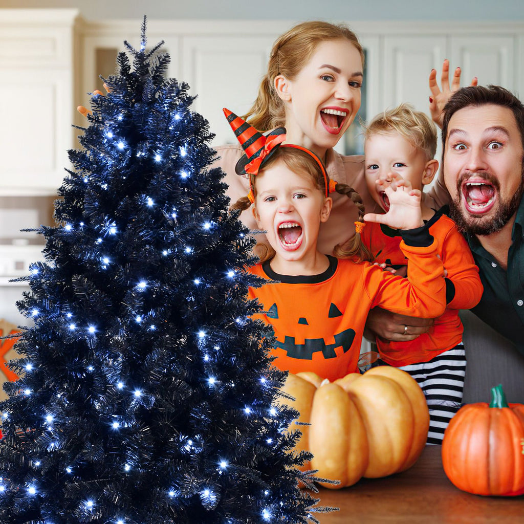 Artificial 6ft Black LED-lit Christmas Tree with 1460PE/PVC Mixed Branch Tips,Hinged Premium & Foldable Base for Indoor Holiday Decorating