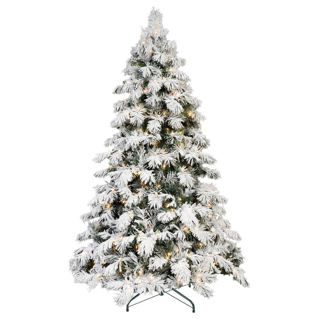 Artificial 6ft Flock LED-lit Christmas Tree with 594PE/PVC Mixed Branch Tips,Hinged Premium & Foldable Base for Indoor Holiday Decorating