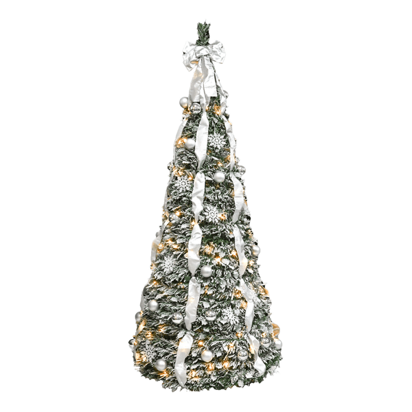 Artificial 6ft Flock Pop Up Christmas Tree with 150 lights,36 balls,6 ribbon, 1 large bow,18 snowflake Indoor Holiday Decorating