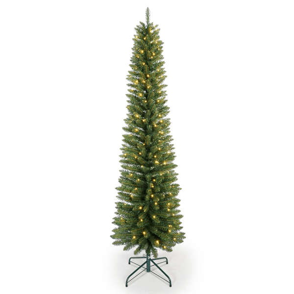 Artificial 6ft Green pencil Christmas Tree with 358 PVC Branch Tips, 150L Warm white led, Foldable Base for Indoor Holiday Decorating
