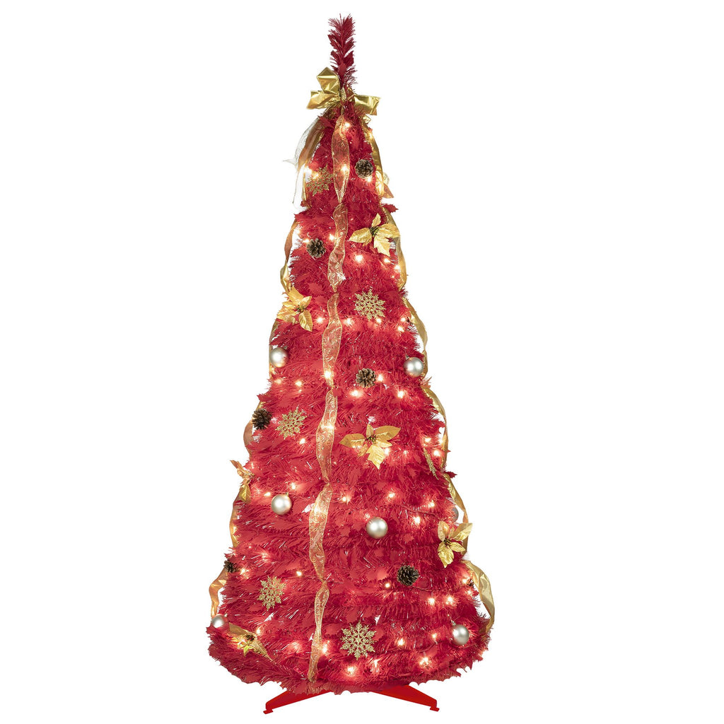 Artificial 6ft Red Pop Up Christmas Tree with 150 lights,4 ribbons,1 large bow,12 Christmas flowers,12 snowflakes,12 pine cones,12 60MM balls Indoor Holiday Decorating