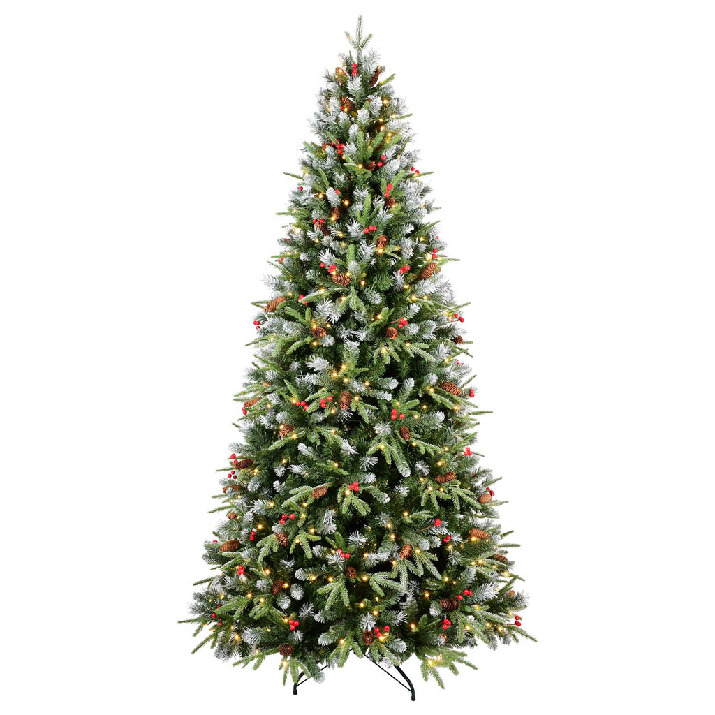 Artificial 7ft Green LED-lit Christmas Tree with 2178PE/PVC Mixed Branch Tips,Red fruit and Pine cone,Hinged Premium & Foldable Base for Indoor Holiday Decorating
