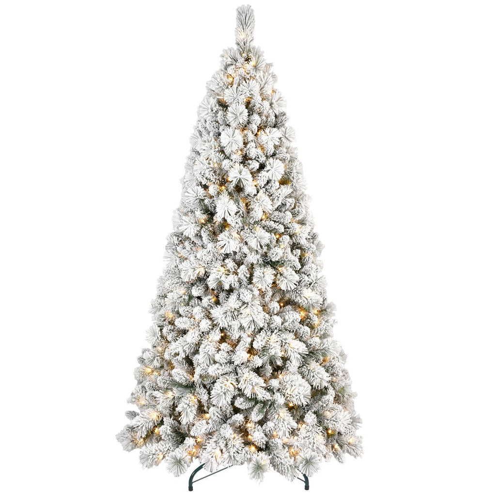 Artificial 8ft Flock LED-lit Christmas Tree with 1445PVC/Hard Needle Mixed Branch Tips,Hinged Premium & Foldable Base for Indoor Holiday Decorating