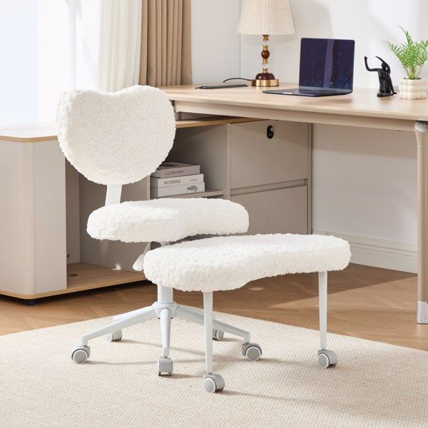 Artificial rabbit hair Meditation Chair Plus, Cross Legged Chair with Wheels, ADHD Chair, Criss Cross Desk Chair with Lumbar Support and Adjustable Stool, Flexible Design for Fidgety Sitters, Beige