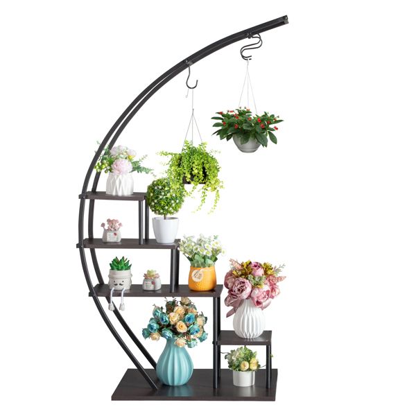 Artisasset 2pcs 5 Layers Semicircle Iron Wood Suitable For Garden Balcony Patio Lawn Home Decoration Plant Stand Flower Pot Stand Iron Flower Stand Black