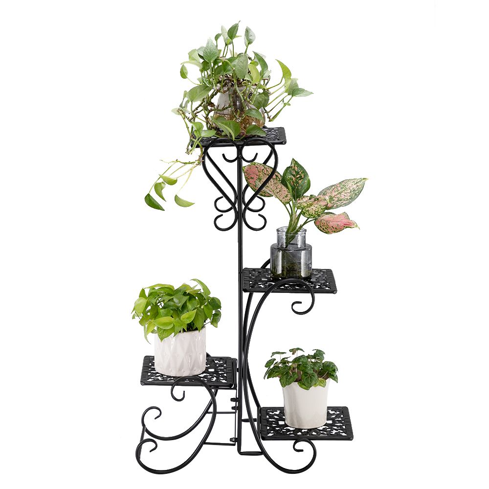 Artisasset One Set Black Paint 32.3 Inches High 4 Square Patterned Potted Plants Stand