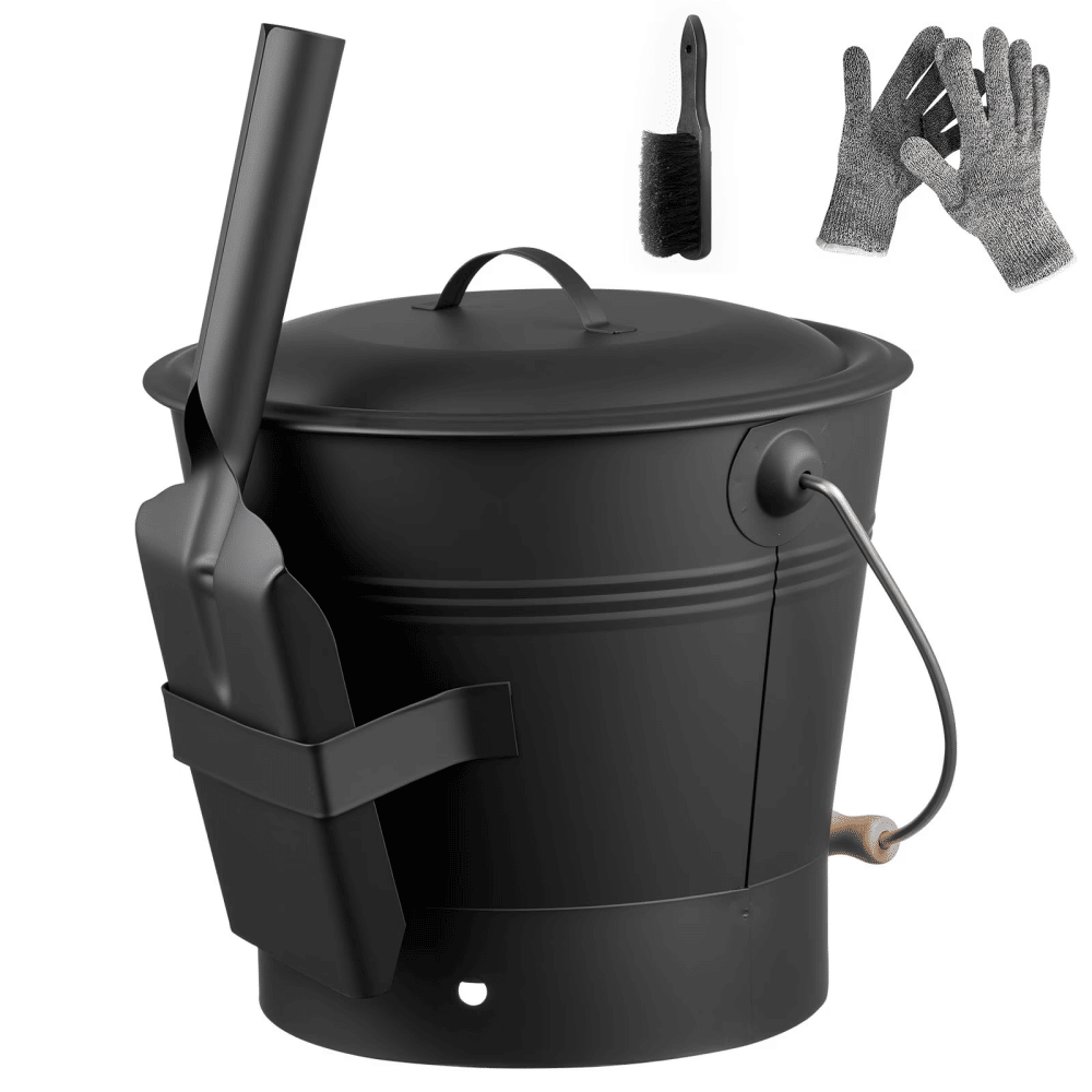 Ash Bucket Set with Lid, Shovel, Broom, and Gloves, Metal Charcoal ContainerforFireplace and Fire Pits, 2.6-Gallon CapacityforIndoor and Outdoor Use