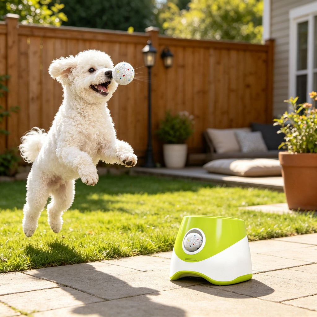 Automatic Dog Ball Launcher, 5 Balls Included, 3 Distance Settings (20/33/46 ft), for Small & Medium Dogs, Green