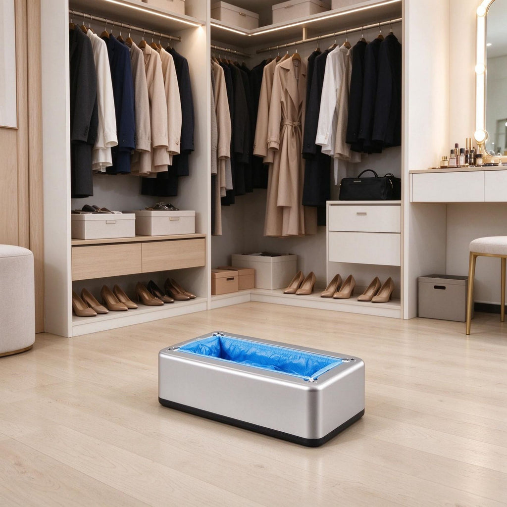 Automatic Shoe Cover Dispenser with 100 Disposable Coversfor Home, Office, Lab & Hospital, Silver