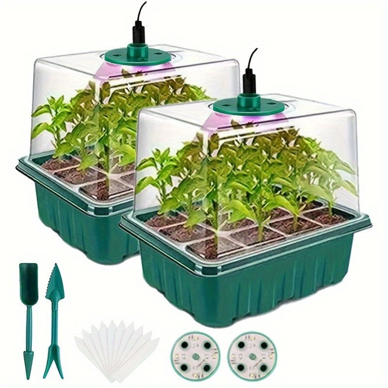 Seed Germination Starter Plate with Growth Lamp, 2 Sets of Seed Germination Kits, with Adjustable Humidity Dome, Seedling Starter Plate with Heightening Lid, 8 Full Spectrum LED Bulbs for Indoor Plants, Mini Greenhouse for Se