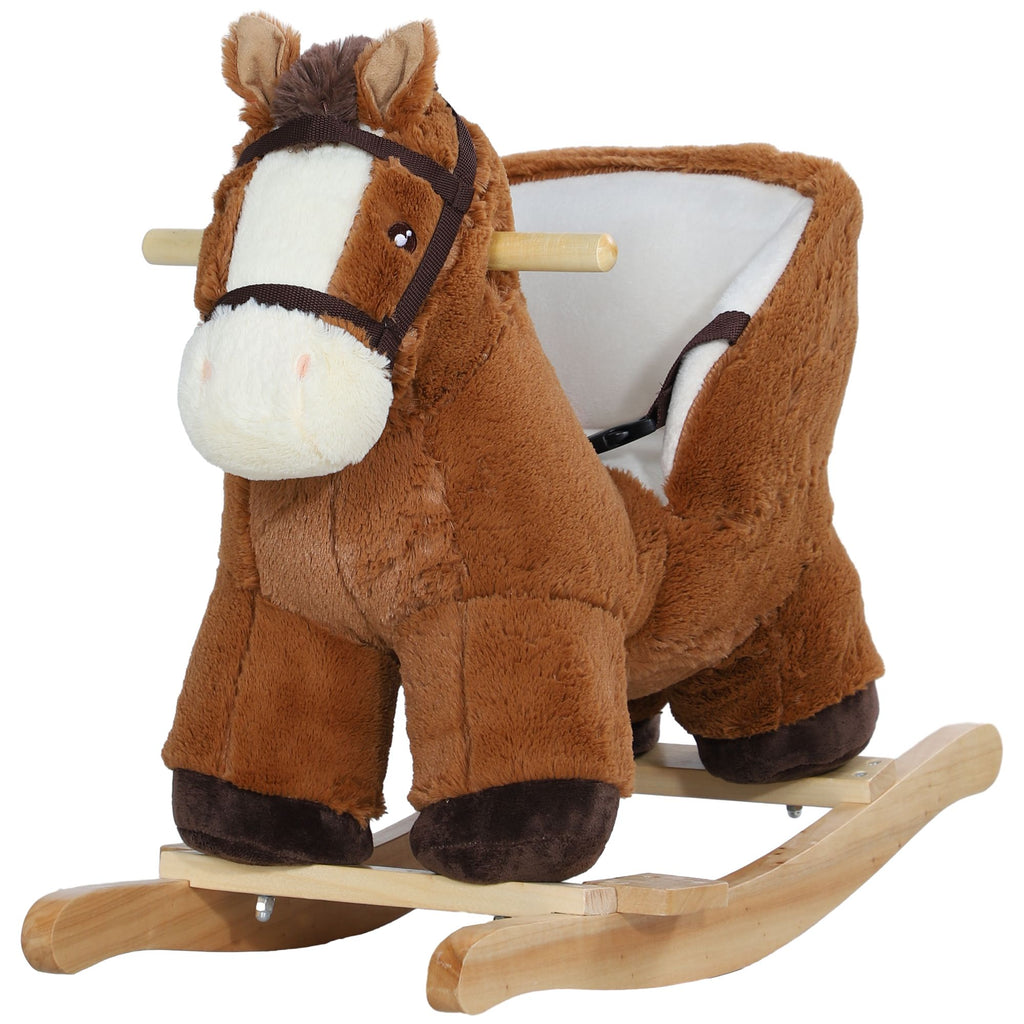 Baby Rocking Horse, Plush Animal Rocker with Sound, Wooden Base Seat Safety Belt, for Ages 18-36 Months, Brown