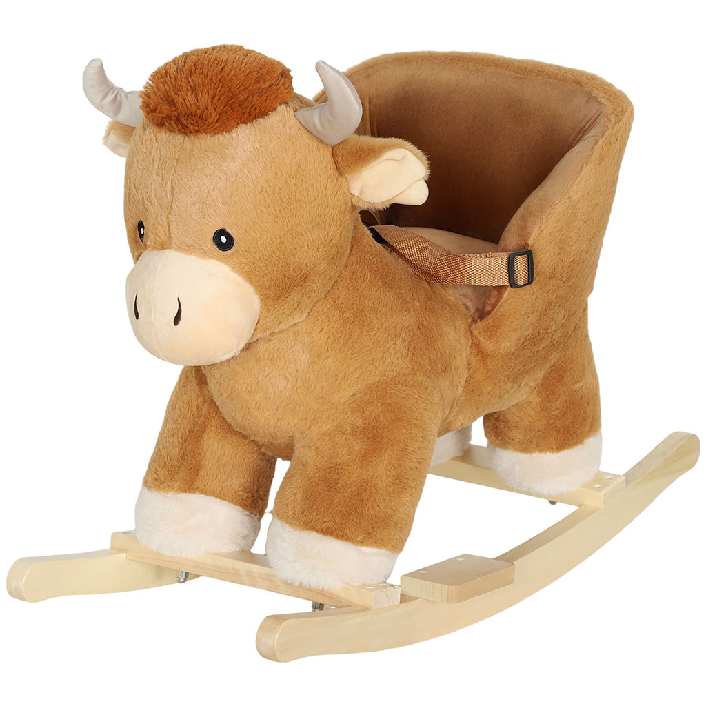 Baby Rocking Horse with Cute Cow Stuffed Plush, Music, Safety Belt, Wooden Rocking Horse for 1-3 Years, Brown